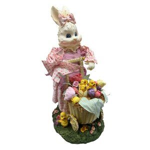 Vintage Ceramic Bunny Figurine Pink Checkered Dress Basket Flowers Chicks READ